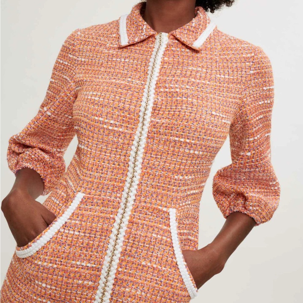 Maje Peach Tweed Mini Dress with White Trim - Picture 2 of 13